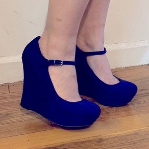 Blue wedge platform faux suede Mary Janes 6